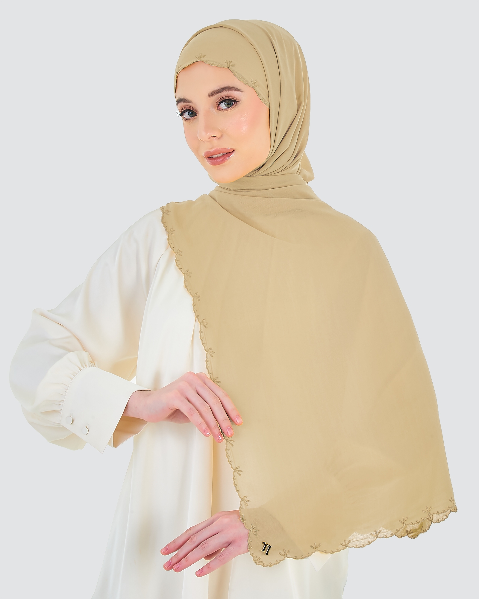 SALEHA EMBROIDERED SHAWL - HAZELNUT